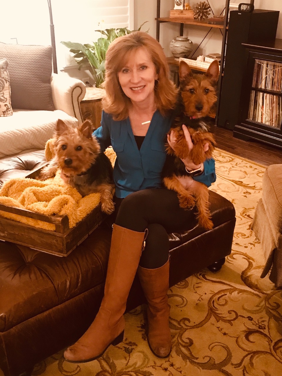Tamera with Murphy (left) and Bailey (right) her sweet but slightly rowdy Australian Terriers