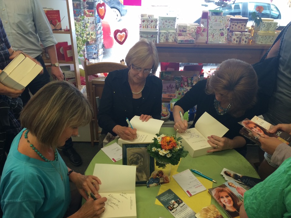 Signing books on Germany Book Tour with Elizabeth Musser & Lynn Austin