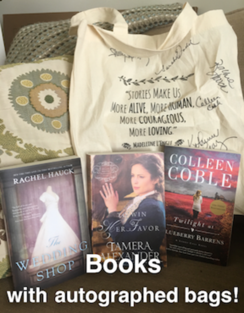Congrats to the following gals who won autographed book bags signed by me, Colleen Coble, Rachel Hauck, Denise Hunter, Sarah Ladd, and more along with three books each: Baley Field, Myra Johnson, Cora Hannold, Bonnie Sue Hempel, Katie Melton